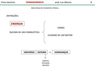 Físico-Química

TERMODINÂMICA

prof. Luiz Marcos

MAS CHEGA DE FILOSOFIA E POESIA...

DEFINIÇÕES:

ENERGIA
FORNO
QUEIMA DE UM COMBUSTÍVEL
CILINDRO DE UM MOTOR

UNIVERSO:

SISTEMA

+

ABERTO;
FECHADO;
ISOLADO.

VIZINHANÇAS

8

 