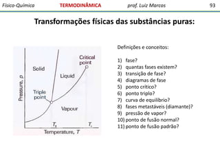 Físico-Química

TERMODINÂMICA

prof. Luiz Marcos

Transformações físicas das substâncias puras:
Definições e conceitos:
1) fase?
2) quantas fases existem?
3) transição de fase?
4) diagramas de fase
5) ponto crítico?
6) ponto triplo?
7) curva de equilíbrio?
8) fases metastáveis (diamante)?
9) pressão de vapor?
10) ponto de fusão normal?
11) ponto de fusão padrão?

93

 