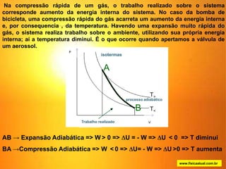 Na compressão rápida de um gás, o trabalho realizado sobre o sistema
corresponde aumento da energia interna do sistema. No caso da bomba de
bicicleta, uma compressão rápida do gás acarreta um aumento da energia interna
e, por consequencia , da temperatura. Havendo uma expansão muito rápida do
gás, o sistema realiza trabalho sobre o ambiente, utilizando sua própria energia
interna; aí a temperatura diminui. É o que ocorre quando apertamos a válvula de
um aerossol.
T>
T<
A
B
Trabalho realizado
isotermas
processo adiabático
AB → Expansão Adiabática => W > 0 => U = - W => U < 0 => T diminui
BA →Compressão Adiabática => W < 0 => U= - W => U >0 => T aumenta
www.fisicaatual.com.br
 