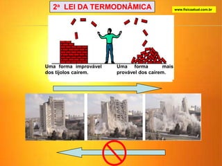 Uma forma improvável
dos tijolos caírem.
Uma forma mais
provável dos caírem.
2a LEI DA TERMODNÂMICA www.fisicaatual.com.br
 
