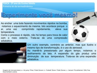 Ao encher uma bola fazendo movimentos rápidos na bomba,
notamos o aquecimento da mesma. Isto acontece porque o
ar, uma vez comprimido rapidamente, eleva sua
temperatura.
Como o processo é rápido, não há tempo para troca de calor
com o meio externo. Trata-se de uma compressão
adiabática.
Um outro exemplo, contrário ao anterior, mas que ilustra o
mesmo tipo de transformação, é o uso do aerossol.
Ao mantê-lo pressionado por algum tempo, notamos o
resfriamento da lata. A expansão do gás produz uma
diminuição de sua temperatura. Trata-se de uma expansão
adiabática.
FÍSICA - 2º ano do Ensino Médio
Primeira lei da termodinâmica
Imagens (de cima para baixo): a – Air pump / Priwo / Public Domain; b – Football / flomar / Public Domain; c – Aerosol / PiccoloNamek / GNU Free
Documentation License.
 