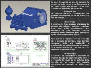 En estas imágenes se puede apreciar la
bomba de lodo como se ve físicamente y
de igual forma sus planos como esta
conformada y detalles de sus partes.
Composición
Las bombas de lodo consisten en dos
grandes subconjuntos, el fin de fluido y el
final de energía.
Fin del fluido
El extremo del fluido produce el proceso de
bombeo con válvulas, pistones y camisas.
Dado que estos componentes son
elementos de gran desgaste, bombas
modernos están diseñados para permitir la
rápida sustitución de estas piezas.
Para reducir la vibración severa causada
por el proceso de bombeo, estas bombas
incorporar tanto una aspiración y
amortiguador de pulsaciones de descarga.
Estos están conectados a la entrada y la
salida del extremo de fluido.
Fin de energía
El extremo de alimentación convierte la
rotación del eje de accionamiento para el
movimiento de vaivén de los pistones. En la
mayoría de los casos una cruceta
mecanismo de manivela se utiliza para
esto.
 
