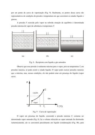por um ponto da curva de vaporização (Fig. 9). Realmente, os pontos dessa curva são
representativos de condições de pressão e temperatura em que coexistem os estados líquido e
gasoso.
A pressão F exercida pelo vapor na referida situação de equilíbrio é denominada
pressão máxima de vapor da substância à temperatura T.
(a) (b) (c)
Fig. 8 – Recipiente com liquido e gás saturados
Observe que essa pressão é realmente máxima para o vapor, pois na temperatura T, em
pressões maiores, só pode existir o estado líquido. O vapor pode exercer pressões menores
que a máxima, mas, nessas condições, ele não poderá estar em presença do líquido (vapor
seco).
P
P
Tc T (°C)
T
C
Gás
Vapor
Líquido
0 T
Fig. 9 – Curva de vaporização
O vapor em presença do líquido, exercendo a pressão máxima F, costuma ser
denominado vapor saturado (Fig. 8). Se o volume oferecido ao vapor saturado for diminuído
isotermicamente, ele se converterá parcialmente em líquido (condensação) (Fig. 8b), para
 