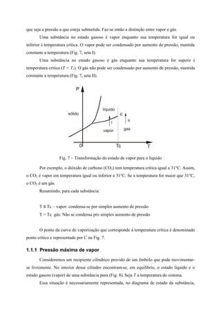que seja a pressão a que esteja submetida. Faz-se então a distinção entre vapor e gás.
Uma substância no estado gasoso é vapor enquanto sua temperatura for igual ou
inferior à temperatura crítica. O vapor pode ser condensado por aumento de pressão, mantida
constante a temperatura (Fig. 7, seta I).
Uma substância no estado gasoso é gás enquanto sua temperatura for superir à
temperatura crítica (T < Tc). O gás não pode ser condensado por aumento de pressão, mantida
constante a temperatura (Fig. 7, seta II).
P
0 T
gas
líquido
sólido c
Tc
vapor
I
II
Fig. 7 – Transformação do estado de vapor para o líquido
Por exemplo, o dióxido de carbono (CO2) tem temperatura crítica igual a 31ºC. Assim,
o CO2 é vapor em temperatura igual ou inferior a 31ºC. Se a temperatura for maior que 31ºC,
o CO2 é um gás.
Resumindo, para cada substância:
T ≤ Tc – vapor: condensa-se por simples aumento de pressão
T > Tc gás: Não se condensa pro simples aumento de pressão
O ponto da curva de vaporização que corresponde á temperatura crítica é denominado
ponto crítico e representado por C na Fig. 7.
1.1.1 Pressão máxima de vapor
Consideremos um recipiente cilíndrico provido de um êmbolo que pode movimentar-
se livremente. No interior desse cilindro encontram-se, em equilíbrio, o estado líquido e o
estado gasoso (vapor) de uma substância pura (Fig. 8). Seja T a temperatura do sistema.
Essa situação é necessariamente representada, no diagrama de estado da substância,
 