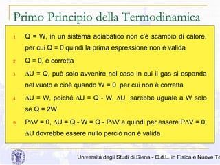Primo Principio della Termodinamica
1.

Q = W, in un sistema adiabatico non c’è scambio di calore,
per cui Q = 0 quindi la prima espressione non è valida

2.

Q = 0, è corretta

3.

∆U = Q, può solo avvenire nel caso in cui il gas si espanda
nel vuoto e cioè quando W = 0 per cui non è corretta

4.

∆U = W, poiché ∆U = Q - W, ∆U sarebbe uguale a W solo
se Q = 2W

5.

P∆V = 0, ∆U = Q - W = Q - P∆V e quindi per essere P∆V = 0,
∆U dovrebbe essere nullo perciò non è valida

Università degli Studi di Siena - C.d.L. in Fisica e Nuove Te

 