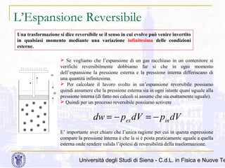 L’Espansione Reversibile
Una trasformazione si dice reversibile se il senso in cui evolve può venire invertito
in qualsiasi momento mediante una variazione infinitesima delle condizioni
esterne.

m

∆l

 Se vogliamo che l’espansione di un gas racchiuso in un contenitore si
verifichi reversibilmente dobbiamo far si che in ogni momento
dell’espansione la pressione esterna e la pressione interna differiscano di
una quantità infinitesima.
 Per calcolare il lavoro svolto in un’espansione reversibile possiamo
quindi assumere che la pressione esterna sia in ogni istante quasi uguale alla
pressione interna (di fatto nei calcoli si assume che sia esattamente uguale).
 Quindi per un processo reversibile possiamo scrivere

dw = − pex dV = − pin dV
E’ importante aver chiaro che l’unica ragione per cui in questa espressione
compare la pressione interna è che la si è posta praticamente uguale a quella
esterna onde rendere valida l’ipotesi di reversibilità della trasformazione.

Università degli Studi di Siena - C.d.L. in Fisica e Nuove Te

 