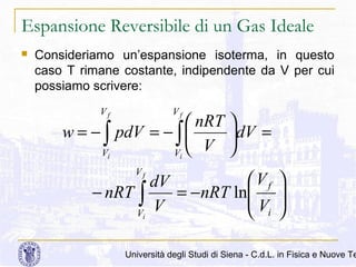Espansione Reversibile di un Gas Ideale


Consideriamo un’espansione isoterma, in questo
caso T rimane costante, indipendente da V per cui
possiamo scrivere:
Vf

Vf

 nRT 
w = − ∫ pdV = − ∫ 
dV =
V 
Vi
Vi 
Vf

Vf
dV
− nRT ∫
= −nRT ln
V
V
 i
Vi






Università degli Studi di Siena - C.d.L. in Fisica e Nuove Te

 