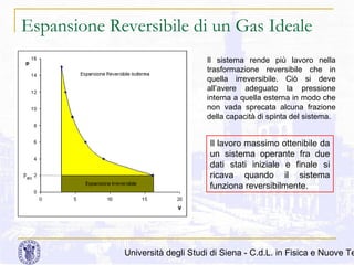 Espansione Reversibile di un Gas Ideale
Il sistema rende più lavoro nella
trasformazione reversibile che in
quella irreversibile. Ciò si deve
all’avere adeguato la pressione
interna a quella esterna in modo che
non vada sprecata alcuna frazione
della capacità di spinta del sistema.

Il lavoro massimo ottenibile da
un sistema operante fra due
dati stati iniziale e finale si
ricava quando il sistema
funziona reversibilmente.

Università degli Studi di Siena - C.d.L. in Fisica e Nuove Te

 