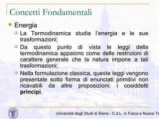 Concetti Fondamentali


Energia






La Termodinamica studia l’energia e le sue
trasformazioni;
Da questo punto di vista le leggi della
termodinamica appaiono come delle restrizioni di
carattere generale che la natura impone a tali
trasformazioni;
Nella formulazione classica, queste leggi vengono
presentate sotto forma di enunciati primitivi non
ricavabili da altre proposizioni: i cosiddetti
principi.

Università degli Studi di Siena - C.d.L. in Fisica e Nuove Te

 
