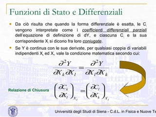 Funzioni di Stato e Differenziali


Da ciò risulta che quando la forma differenziale è esatta, le C i
vengono interpretate come i coefficienti differenziali parziali
dell’equazione di definizione di dY, e ciascuna C i e la sua
corrispondente Xi si dicono fra loro coniugate.



Se Y è continua con le sue derivate, per qualsiasi coppia di variabili
indipendenti Xk ed Xl, vale la condizione matematica secondo cui:

∂ 2Y
∂ 2Y
=
∂X k ∂X l ∂X l ∂X k
Relazione di Chiusura

 ∂Ck 
 ∂Cl 

 =

 ∂Xl  X j  ∂Xk  X j

Università degli Studi di Siena - C.d.L. in Fisica e Nuove Te

 