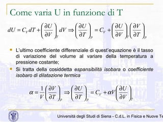 Come varia U in funzione di T
 ∂U 
 ∂U 
 ∂U   ∂V 
dU = CV dT + 
 dV ⇒ 
 = CV + 
 

 ∂V T
 ∂T  p
 ∂V T  ∂T  p




L’ultimo coefficiente differenziale di quest’equazione è il tasso
di variazione del volume al variare della temperatura a
pressione costante;
Si tratta della cosiddetta espansibilità isobara o coefficiente
isobaro di dilatazione termica

1  ∂V 
 ∂U 
 ∂U 
α= 
 ⇒
 = CV + αV 

V  ∂T  p
 ∂T  p
 ∂V T

Università degli Studi di Siena - C.d.L. in Fisica e Nuove Te

 