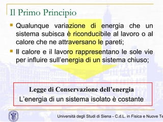 Il Primo Principio




Qualunque variazione di energia che un
sistema subisca è riconducibile al lavoro o al
calore che ne attraversano le pareti;
Il calore e il lavoro rappresentano le sole vie
per influire sull’energia di un sistema chiuso;

Legge di Conservazione dell’energia
L’energia di un sistema isolato è costante

Università degli Studi di Siena - C.d.L. in Fisica e Nuove Te

 
