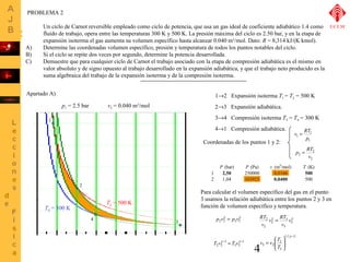 2®3 Expansíón adiabática. 
RT = 
v v T 
4 
PROBLEMA 2 
Un ciclo de Carnot reversible empleado como ciclo de potencia, que usa un gas ideal de coeficiente adiabático 1.4 como 
fluido de trabajo, opera entre las temperaturas 300 K y 500 K. La presión máxima del ciclo es 2.50 bar, y en la etapa de 
expansión isoterma el gas aumenta su volumen específico hasta alcanzar 0.040 m3/mol. Dato: R = 8,314 kJ/(K×kmol). 
A) Determine las coordenadas volumen específico, presión y temperatura de todos los puntos notables del ciclo. 
B) Si el ciclo se repite dos veces por segundo, determine la potencia desarrollada. 
C) Demuestre que para cualquier ciclo de Carnot el trabajo asociado con la etapa de compresión adiabática es el mismo en 
valor absoluto y de signo opuesto al trabajo desarrollado en la expansión adiabática, y que el trabajo neto producido es la 
suma algebraica del trabajo de la expansión isoterma y de la compresión isoterma. 
Apartado A) 
1 
p1 = 2.5 bar v2 = 0.040 m3/mol 
2 
Ta = 500 K 
4 3 
Tb = 300 K 
1®2 Expansión isoterma T1 = T2 = 500 K 
3®4 Compresión isoterma T3 = T4 = 300 K 
4®1 Compresión adiabática. 
Coordenadas de los puntos 1 y 2: 
v = RT 
1 
1 p 
1 
p = RT 
2 
P (bar) P (Pa) v (m3/mol) T (K) 
1 2,50 250000 0,0166 500 
2 1,04 103925 0,0400 500 
2 
2 v 
Para calcular el volumen específico del gas en el punto 
3 usamos la relación adiabática entre los puntos 2 y 3 en 
función de volumen específico y temperatura. 
v RT 
g g 
p2v2 = p3v3 g g 
3 
3 
3 
2 
2 
2 v 
v 
v 
T vg - = T vg - 
1 
3 3 
1 
2 2 
1/( 1) 
2 
3 
3 2 
- 
ö 
÷ ÷ø 
æ 
ç çè 
= 
g 
T 
UCLM 
 