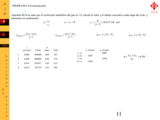 Apartado B) Si se sabe que el coeficiente adiabático del gas es 1.4, calcule el calor y el trabajo asociado a cada etapa del ciclo y 
determine su rendimiento 
c R V = 20.875 J/K×mol 
w p v p v adiab ( ) qV12 = cV T2 -T1 ( ) qV 34 = cV T4 -T3 
11 
g = c P 
cP - cV = R 
c 
( -1) 
V 
= 
g 
w = p 2 v 2 - 
p 3 v 3 
adiab 1 
1 
23 g 
- 
= - 
4 4 1 1 
41 g 
- 
w (J/mol) q (J/mol) 
1®2 8000 
2®3 3209 
3®4 -6396 
4®1 -1604 
h = w + w = 0.201 
23 41 
q 
12 
PROBLEMA 4 (Continuación) 
v 
(m3/mol) P (Pa) 
P 
(bar) T (K) 
1 0,008 400000 4,00 385 
2 0,008 800000 8,00 770 
3 0,014 365457 3,65 615 
4 0,014 182729 1,83 308 
UCLM 
 