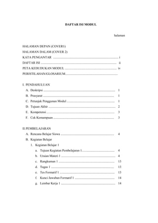 DAFTAR ISI MODUL
halaman
HALAMAN DEPAN (COVER1)
HALAMAN DALAM (COVER 2)
KATA PENGANTAR .................................................................................. i
DAFTAR ISI ............................................................................................... ii
PETA KEDUDUKAN MODUL ................................................................. iv
PERISTILAHAN/GLOSARIUM..................................................................
I. PENDAHULUAN
A. Deskripsi .......................................................................................... 1
B. Prasyarat ......................................................................................... 1
C. Petunjuk Penggunan Modul ............................................................ 1
D. Tujuan Akhir .................................................................................... 2
E. Kompetensi ..................................................................................... 3
F. Cek Kemampuan ............................................................................ 3
II.PEMBELAJARAN
A. Rencana Belajar Siswa ................................................................... 4
B. Kegiatan Belajar
1. Kegiatan Belajar 1
a. Tujuan Kegiatan Pembelajaran 1......................................... 4
b. Uraian Materi 1 .................................................................... 4
c. Rangkuman 1 ...................................................................... 13
d. Tugas 1 ............................................................................... 13
e. Tes Formatif 1 ..................................................................... 13
f. Kunci Jawaban Formatif 1 .................................................. 14
g. Lembar Kerja 1 .................................................................... 14
 