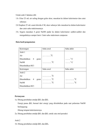 Untuk arah 2 lakukan sbb:
1.b. Ukur 25 mL air suling dengan gelas ukur, masukan ke dalam kalorimeter dan catat
suhunya
2.b Siapkan 25 mL asam klorida 4 M, ukur suhunya lalu masukan ke dalam kalorimeter
dan catat suhu maksimumnya
3.b. Segera masukan 4 gram NaOH padat ke dalam kalorimeter sedikit-sedikit dan
mengaduknya sampai larut. Catat suhu maksimum campuran
Data hasil pengamatan
Keterangan Suhu awal Suhu akhir
Arah 1
Air
Ditambahkan 4 gram
NaOH
Ditambahkan HCl
………….0
C
………….. 0
C
…….. o
C
…….. o
C
Keterangan Suhu awal Suhu akhir
Arah 2
Air
Ditambahkan 4 gram
NaOH
Ditambahkan HCl
………….. 0
C
………….. 0
C
………….. 0
C
………….. 0
C
………….. 0
C
Pertanyaan
1a. Hitung perubahan entalpi ∆H1 dan ∆H2
Energi panas ∆H1 berasal dari energi yang ditimbulkan pada saat pelarutan NaOH
berlangsung
Hitung tetapan kalorimeternya
2a. Hitung perubahan entalpi ∆H1 dan ∆H2 untuk satu mol pereaksi
Arah 2
1b. Hitung perubahan entalpi ∆H3 dan ∆H4
 