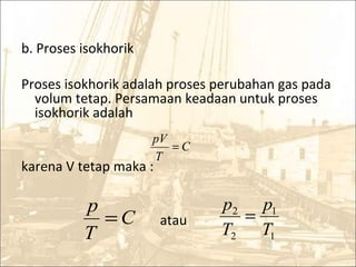 b. Proses isokhorik
Proses isokhorik adalah proses perubahan gas pada
volum tetap. Persamaan keadaan untuk proses
isokhorik adalah
karena V tetap maka :
atau
C
T
pV
=
C
T
p
=
1
1
2
2
T
p
T
p
=
 