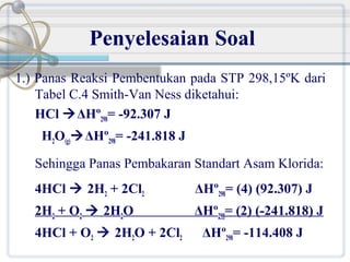 Penyelesaian Soal
1.) Panas Reaksi Pembentukan pada STP 298,15ºK dari
Tabel C.4 Smith-Van Ness diketahui:
HCl ΔHº298= -92.307 J
H2O(g)ΔHº298= -241.818 J
Sehingga Panas Pembakaran Standart Asam Klorida:
4HCl  2H2 + 2Cl2

ΔHº298= (4) (92.307) J

2H2 + O2  2H2O

ΔHº298= (2) (-241.818) J

4HCl + O2  2H2O + 2Cl2

ΔHº298= -114.408 J

 
