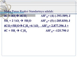 Maka Panas Reaksi Standartnya adalah:
4C + 4O2  4CO2
ΔHº298= (4) (-393.509) J
5H2 + 2 ½O2  5H2O
4CO2+5H2OC4H10 +6 ½O2
4C + 5H2  C4H10

ΔHº298= (5) (-285.830) J
ΔHº298= 2.877.396 J +
ΔHº298= -125.790 J

 