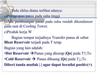 Pada siklus diatas terlihat adanya:
a)Penyerapan panas pada suhu tinggi
b)Ada pembuangan panas pada suhu rendah dikondensor
pada saat di Cooling Tower.
c)Produk kerja W
Bagian tempat terjadinya Transfer panas di sebut
Bleat Reservoir terjadi pada T tetap
Bagian yang lain adalah:
•Hot Reservoir Panas yang diserap |QH| pada T↑;TH
•Cold Reservoir  Panas dibuang |Qc| pada T↓;Tc

Diberi tanda mutlak | | agar dapat bernilai positiv(+)

 