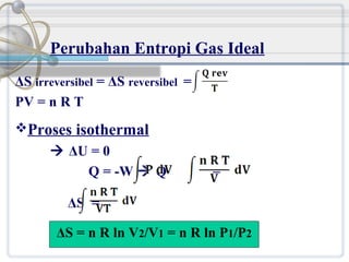 Perubahan Entropi Gas Ideal
ΔS irreversibel = ΔS reversibel =
PV = n R T
Proses isothermal

 ΔU = 0
Q = -W  Q

=

ΔS =
ΔS = n R ln V2/V1 = n R ln P1/P2

 