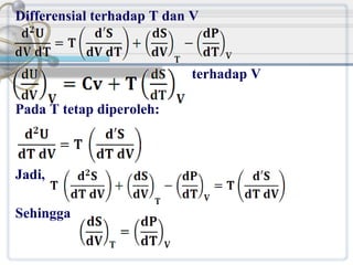 Differensial terhadap T dan V

terhadap V
Pada T tetap diperoleh:

Jadi,
Sehingga

 