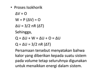 • Proses Isokhorik
  ∆V = O
  W = P (∆V) = O
  ∆U = 3/2 nR (∆T)
  Sehingga,
  Q = ∆U + W = ∆U + O = ∆U
  Q = ∆U = 3/2 nR (∆T)
  Persamaan tersebut menyatakan bahwa
  kalor yang diberikan kepada suatu sistem
  pada volume tetap seluruhnya digunakan
  untuk menaikkan energi dalam sistem.
 