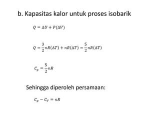 b. Kapasitas kalor untuk proses isobarik




   Sehingga diperoleh persamaan:
 