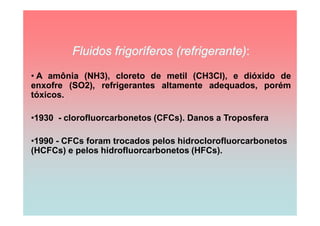 • A amônia (NH3), cloreto de metil (CH3Cl), e dióxido de
enxofre (SO2), refrigerantes altamente adequados, porém
tóxicos.

•1930 - clorofluorcarbonetos (CFCs). Danos a Troposfera

•1990 - CFCs foram trocados pelos hidroclorofluorcarbonetos
(HCFCs) e pelos hidrofluorcarbonetos (HFCs).
 