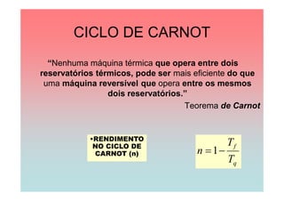 CICLO DE CARNOT
  “Nenhuma máquina térmica que opera entre dois
reservatórios térmicos, pode ser mais eficiente do que
 uma máquina reversível que opera entre os mesmos
                 dois reservatórios.”
                                    Teorema de Carnot


            •RENDIMENTO
             NO CICLO DE                       Tf
             CARNOT (n)               n  1
                                               Tq
 