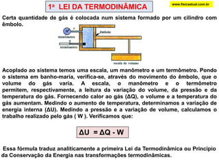 1a  LEI DA TERMODINÂMICAwww.fisicaatual.com.brCerta quantidade de gás é colocada num sistema formado por um cilindro com êmbolo. Acoplado ao sistema temos uma escala, um manômetro e um termômetro. Pondo o sistema em banho-maria, verifica-se, através do movimento do êmbolo, que o volume do gás varia. A escala, o manômetro e o termômetro permitem, respectivamente, a leitura da variação do volume, da pressão e da temperatura do gás. Fornecendo calor ao gás (ΔQ), o volume e a temperatura do gás aumentam. Medindo o aumento de temperatura, determinamos a variação de energia interna (ΔU). Medindo a pressão e a variação de volume, calculamos o trabalho realizado pelo gás ( W ). Verificamos que: ΔU  = ΔQ - W Essa fórmula traduz analiticamente a primeira Lei da Termodinâmica ou Princípio da Conservação da Energia nas transformações termodinâmicas.