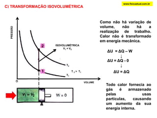 www.fisicaatual.com.brC) TRANSFORMAÇÃO ISOVOLUMÉTRICAComo não há variação de volume, não há a realização de trabalho. Calor não é transformado em energia mecânica.PRESSÃOISOVOLUMÉTRICAV1 = V2ΔU  = ΔQ – W            ↓ΔU = ΔQ - 0            ↓T2ΔU = ΔQT 2 >  T1T1VOLUMETodo calor fornecia ao gás é armazenado pelas usas partículas, causando um aumento da sua energia interna.