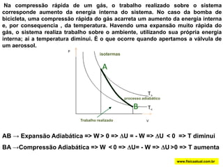  Na compressão rápida de um gás, o trabalho realizado sobre o sistema corresponde aumento da energia interna do sistema. No caso da bomba de bicicleta, uma compressão rápida do gás acarreta um aumento da energia interna e, por consequencia , da temperatura. Havendo uma expansão muito rápida do gás, o sistema realiza trabalho sobre o ambiente, utilizando sua própria energia interna; aí a temperatura diminui. É o que ocorre quando apertamos a válvula de um aerossol.AT>isotermasBT<processo adiabáticoTrabalho realizadoAB -> Expansão Adiabática => W> 0 => U = - W => U < 0  => T diminui BA ->Compressão Adiabática => W <0 => U= - W => U>0=> T aumenta www.fisicaatual.com.br