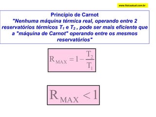CICLO DE CARNOTDenominamos máquina de Carnot a máquina térmica teórica que realiza o ciclo ideal proposto por Sadi Carnot em 1824. Na figura abaixo apresentamos uma seqüência de processos a que um gás ideal deve ser submetido para que realize o ciclo de Carnot:expansão        T1isotérmicaccexpansãoadiabáticaccompressãoadiabáticaCompressão    T2isotérmicawww.fisicaatual.com.brc
