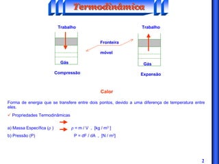 2
Gás
Compressão
Trabalho
Fronteira
móvel
Gás
Trabalho
Expansão
TermodinâmicaTermodinâmicaTermodinâmica
Calor
Forma de energia que se transfere entre dois pontos, devido a uma diferença de temperatura entre
eles.
ü Propriedades Termodinâmicas
a) Massa Específica (ρ ) ρ = m / V , [kg / m3 ]
b) Pressão (P) P = dF / dA , [N / m2]
 