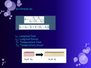 Su fórmula es:
LF: Longitud final
LO: Longitud Inicial
TF: Temperatura final
TO: Temperatura inicial
 