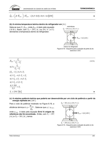 UNIVERSIDADE DA CIDADE DE UNIÃO DA VITÓRIA TERMODINÂMICA
Patric Schürhaus 203
( ) [ ]4,5 0,8 0,8 4,4 kWciclo cicloHQ W Wβ⎛ ⎞
= ⋅ + = ⋅ + =⎜ ⎟
⎝ ⎠
i i i
◄
(b) A mínima temperatura teórica dentro do refrigerador em [ K ]
QC
QH
T = 293 ( 20 )[ K ] [ ºC ]H
interior do refrigerador
= 0,8 [ kW ]Wciclo
redondezas
Sabe-se que β ≤ βmax, onde βmax é dado pela equação
( 6.10 ). Assim, com TH = 293 [ K ] ou 20 [ ºC ] e TC
denotando a temperatura dentro do refrigerador.
Figura 6.18 – Esquema para a solução da parte (b) do
exercício CXIX
C
máx
H C
T
T T
β =
−
( 6.10 )
4,5 C
H C
T
T T
≤
−
( ) 4,5H C CT T T− ⋅ ≤
4,5 4,5H C CT T T⋅ − ⋅ ≤
4,5 4,5H C CT T T⋅ ≤ + ⋅
4,5 5,5H CT T⋅ ≤ ⋅
4,5 293
5,5
CT
⋅
≤
[ ]239,7 KCT ≥ ◄
(c) A máxima potência teórica que poderia ser desenvolvida por um ciclo de potência a partir da
energia rejeitada em [ kW ]
QC
QH
T = 301 ( 28 )[ K ] [ ºC ]H
T = 293 ( 20 )[ K ] [ ºC ]C
= 0,8 [ kW ]Wciclo
Para o ciclo de potência mostrado na Figura 6.19, a
eficiência térmica é ciclo
H
W
Q
η = . Sabe-se que η ≤ η max,
onde η max é dado pela equação Erro! A origem da
referência não foi encontrada.. Então, com TC = 297
[ K ] e TH = 301 [ K ], temos
Figura 6.19 – Esquema para a solução da parte (c) do
exercício CXIX
 