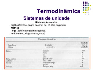 Sistemas de unidade
Termodinâmica
Sistemas Absolutos
- Inglês (fps: foot.pound.second ou pé.libra.segundo)
- Métrico
- cgs (centímetro.grama.segundo)
- mks (metro.kilograma.segundo)
 