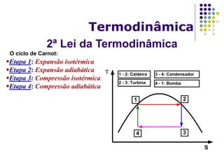 2ª Lei da Termodinâmica
Termodinâmica
O ciclo de Carnot:
Etapa 1: Expansão isotérmica
Etapa 2: Expansão adiabática
Etapa 3: Compressão isotérmica
Etapa 4: Compressão adiabática
T
S
1 2
34
1 - 2: Caldeira
2 - 3: Turbina
3 - 4: Condensador
4 - 1: Bomba
 