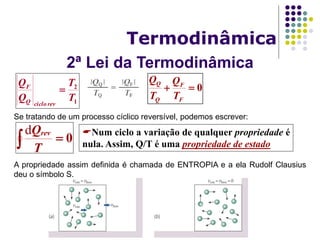2ª Lei da Termodinâmica
Termodinâmica
Se tratando de um processo cíclico reversível, podemos escrever:
A propriedade assim definida é chamada de ENTROPIA e a ela Rudolf Clausius
deu o símbolo S.
1
2
T
T
Q
Q
revcicloQ
F
 0
F
F
Q
Q
T
Q
T
Q
0 T
Qrevd Num ciclo a variação de qualquer propriedade é
nula. Assim, Q/T é uma propriedade de estado
 