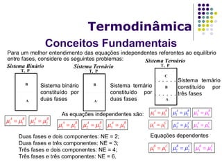 Conceitos Fundamentais
Termodinâmica
Para um melhor entendimento das equações independentes referentes ao equilíbrio
entre fases, considere os seguintes problemas:
B
A
T, P
Sistema Binário
B
A
T, P
Sistema Ternário
B
A
T, P
Sistema Ternário
C
Sistema binário
constituído por
duas fases
Sistema ternário
constituído por
duas fases
Sistema ternário
constituído por
três fases
As equações independentes são:
1 1
A B
  2 2
A B
 
1 1
A B
  2 2
A B
  3 3
A B
 
1 1
A B
  2 2
A B
 
2 2
A C
 1 1
A C
 
3 3
A B
 
3 3
A C
 
Duas fases e dois componentes: NE = 2;
Duas fases e três componentes: NE = 3;
Três fases e dois componentes: NE = 4;
Três fases e três componentes: NE = 6.
Equações dependentes
2 2
B C
 1 1
B C
  3 3
B C
 
 