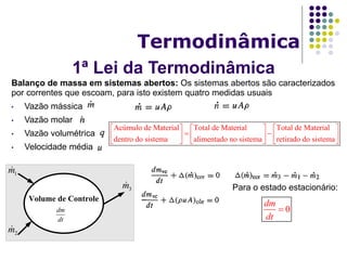 1ª Lei da Termodinâmica
Termodinâmica
Balanço de massa em sistemas abertos: Os sistemas abertos são caracterizados
por correntes que escoam, para isto existem quatro medidas usuais
• Vazão mássica
• Vazão molar
• Vazão volumétrica
• Velocidade média
Para o estado estacionário:
Acúmulo de Material Total de Material Total de Material
dentro do sistema alimentado no sistema retirado do sistema
     
      
     
Volume de Controle
dm
dt
3m
1m
2m
0
dm
dt

 