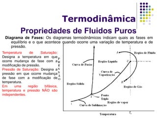 Propriedades de Fluidos Puros
Termodinâmica
Diagrama de Fases: Os diagramas termodinâmicos indicam quais as fases em
equilíbrio e o que acontece quando ocorre uma variação de temperatura e de
pressão.
Temperatura de Saturação:
Designa a temperatura em que
ocorre mudança de fase com a
modificação de pressão.
Pressão de Saturação: Designa a
pressão em que ocorre mudança
de fase com a modificação de
temperatura.
Em uma região bifásica,
temperatura e pressão NÃO são
independentes.
 