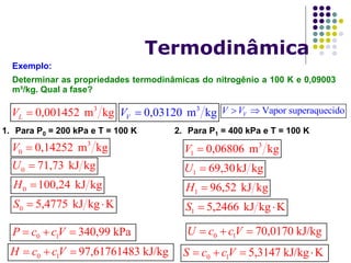 Exemplo:
Determinar as propriedades termodinâmicas do nitrogênio a 100 K e 0,09003
m³/kg. Qual a fase?
Termodinâmica
3
0,001452 m kgLV  3
0,03120 m kgVV  Vapor superaquecidoVV V 
1. Para P0 = 200 kPa e T = 100 K
3
0 0,14252 m kgV 
0 71,73 kJ kgU 
0 100,24 kJ kgH 
0 5,4775 kJ kg KS  
2. Para P1 = 400 kPa e T = 100 K
3
1 0,06806 m kgV 
1 69,30kJ kgU 
1 96,52 kJ kgH 
1 5,2466 kJ kg KS  
0 1 340,99 kPaP c cV   0 1 70,0170 kJ/kgU c cV  
0 1 97,61761483 kJ/kgH c cV   0 1 5,3147 kJ/kg KS c cV   
 