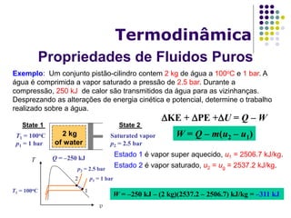 Propriedades de Fluidos Puros
Termodinâmica
Exemplo: Um conjunto pistão-cilindro contem 2 kg de água a 100oC e 1 bar. A
água é comprimida a vapor saturado a pressão de 2.5 bar. Durante a
compressão, 250 kJ de calor são transmitidos da água para as vizinhanças.
Desprezando as alterações de energia cinética e potencial, determine o trabalho
realizado sobre a água.
State 1
2 kg
of water
T1 = 100oC
p1 = 1 bar
State 2
Saturated vapor
p2 = 2.5 bar
Q = –250 kJ
2
●
●
T
v
p1 = 1 bar
1
p2 = 2.5 bar
T1 = 100oC
KE + PE +U = Q – W
W = Q – m(u2 – u1)
Estado 1 é vapor super aquecido, u1 = 2506.7 kJ/kg.
Estado 2 é vapor saturado, u2 = ug = 2537.2 kJ/kg.
W = –250 kJ – (2 kg)(2537.2 – 2506.7) kJ/kg = –311 kJ
 