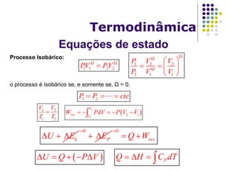 Equações de estado
Termodinâmica
Processo Isobárico:
o processo é isobárico se, e somente se, Ω = 0.
1 1 2 2PV PV 
 1 2 2
2 1 1
P V V
P V V



 
   
 
1 2P P cte  
1 2
1 2
V V
T T
  
2
1
2 1
V
rev V
W PdV P V V    
kU E  
0
PE

 
0
revQ W

 
 U Q P V     PQ H C dT   
 