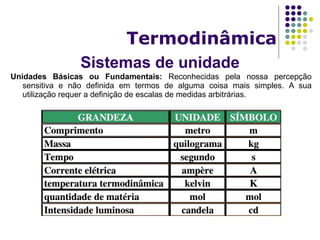 Sistemas de unidade
Termodinâmica
Unidades Básicas ou Fundamentais: Reconhecidas pela nossa percepção
sensitiva e não definida em termos de alguma coisa mais simples. A sua
utilização requer a definição de escalas de medidas arbitrárias.
 