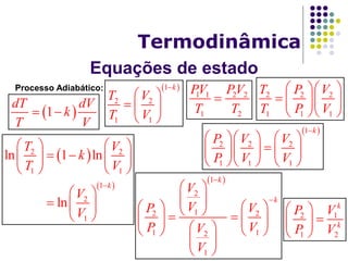Equações de estado
Termodinâmica
Processo Adiabático:
 1
dT dV
k
T V
 
 
 
2 2
1 1
1
2
1
ln 1 ln
ln
k
T V
k
T V
V
V

   
    
   
 
  
 
 1
2 2
1 1
k
T V
T V

 
  
 
1 1 2 2
1 2
PV PV
T T
 2 2 2
1 1 1
T P V
T P V
  
   
  
 1
2 2 2
1 1 1
k
P V V
P V V

    
    
    
 1
2
12 2
1 12
1
k
k
V
VP V
P VV
V


 
 
        
    
 
 
2 1
1 2
k
k
P V
P V
 
 
 
 