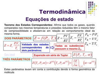 Equações de estado
Termodinâmica
Teorema dos Estados Correspondentes: Afirma que todos os gases, quando
comparados nas mesmas temperaturas e pressões reduzidas têm o mesmo fator
de compressibilidade e afastam-se em relação ao comportamento ideal da
mesma forma.
Gas Ideal
Estes parâmetros levam em conta a contribuição devido à forma geométrica da
molécula
DOIS PARÂMETROS ( , )r rZ f P T
PV
Z
RT

c c
c
c
PV
Z
RT

r r
c
r
PV
Z Z
T

PR = P/Pc
TR = T/Tc
VR = V/Vc
Validade dos estados
correspondentes de
dois parâmetros:
Todas as substâncias
possuem o mesmo ZC.
TRÊS PARÂMETROS
 , ,r rZ P T Expansão em série de Taylor
     
   
 ,
, , , ,
r r
R R R
r r r r
T P
Z
Z T P Z T P   

 
   
 
 