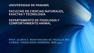 UNIVERSIDAD DE PANAMÁ
FACULTAD DE CIENCIAS NATURALES,
EXACTAS Y TECNOLOGÍA
DEPARTAMENTO DE FISIOLOGÍA Y
COMPORTAMIENTO ANIMAL
PROF. GLORIA E. MONTENEGRO DE TRUJILLO MSC
CURSO: FISIOLOGÍA GENERAL BIO 312
 